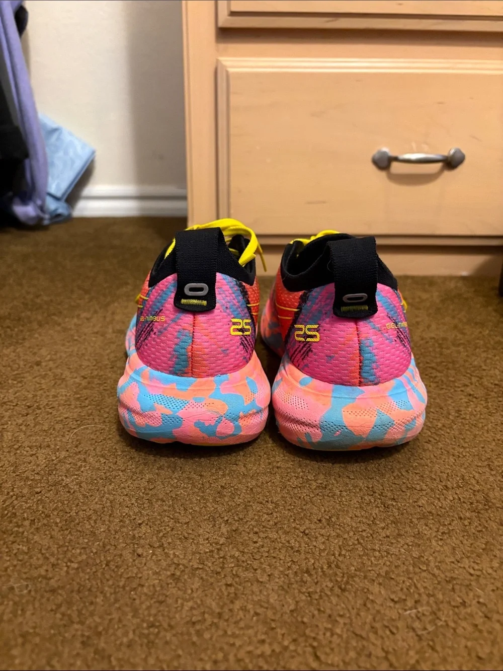 Asics Neon Pink and Blue Patterned Running Shoes with Yellow Laces - Picture 3 of 6